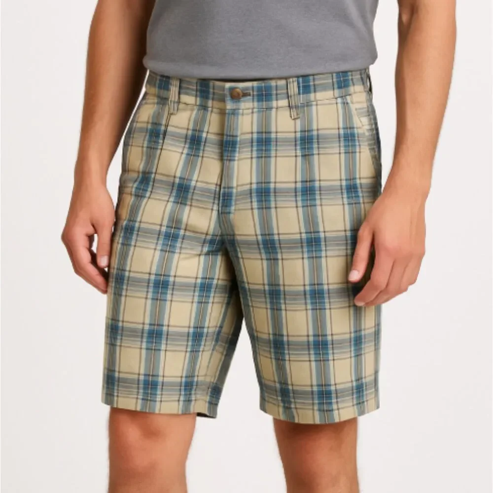 Columbia Men’s Plaid Shorts Size 32 Blue Tan Cotton 11” Rise 9” Inseam Outdoor